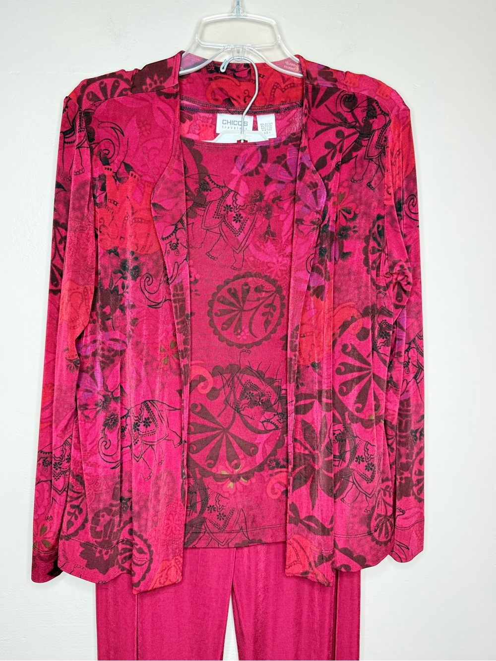 Chico's Travelers Raspberry Printed Three-Piece Set Jacket/Shell/Pants Medium - Picture 3 of 16